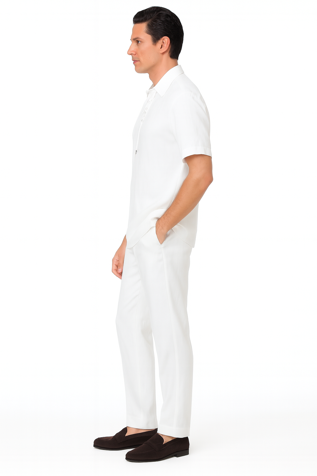 White Lace-Up Summer Shirt & Pants Set for Men