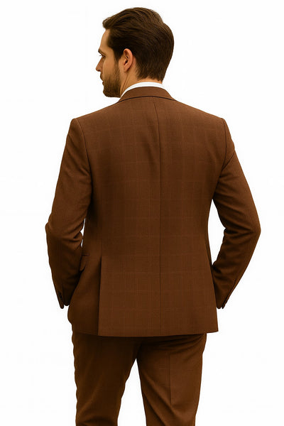Men's Brown Plaid 3 Piece 1920s Fashion Suit Scoop Vest