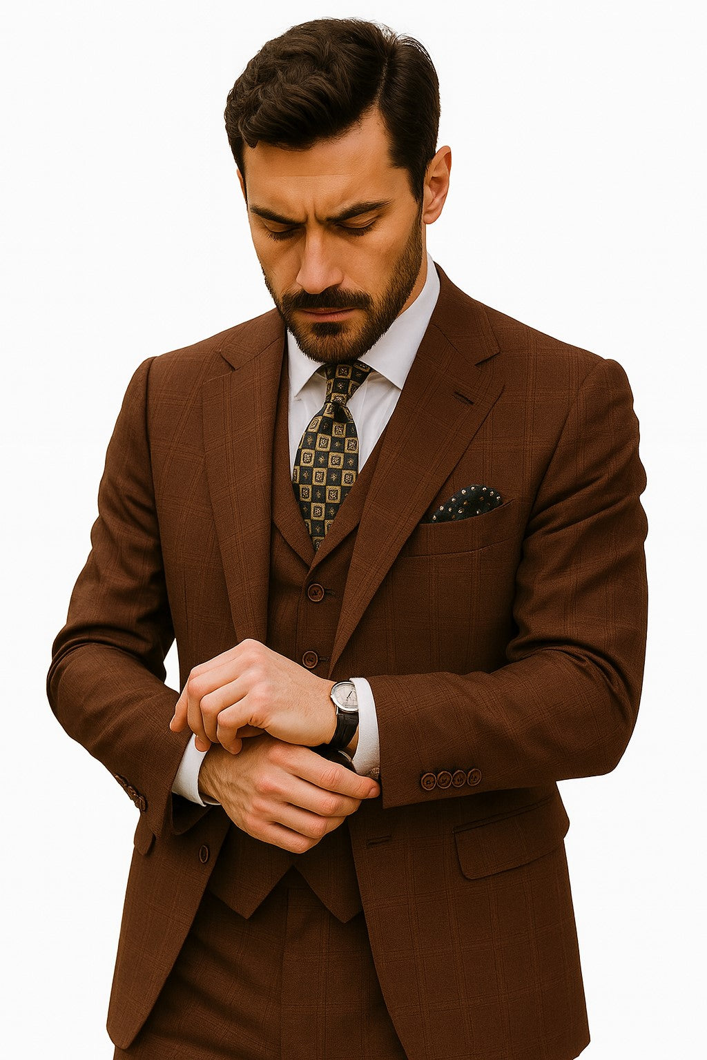Men's Brown Plaid 3 Piece 1920s Fashion Suit Scoop Vest