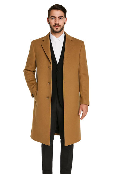Men’s Camel Overcoat, Single Breasted Wool Coat