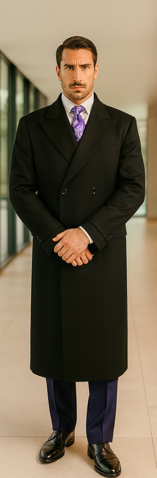 Men's Double Breasted Peak Lapel Jet Black Coat
