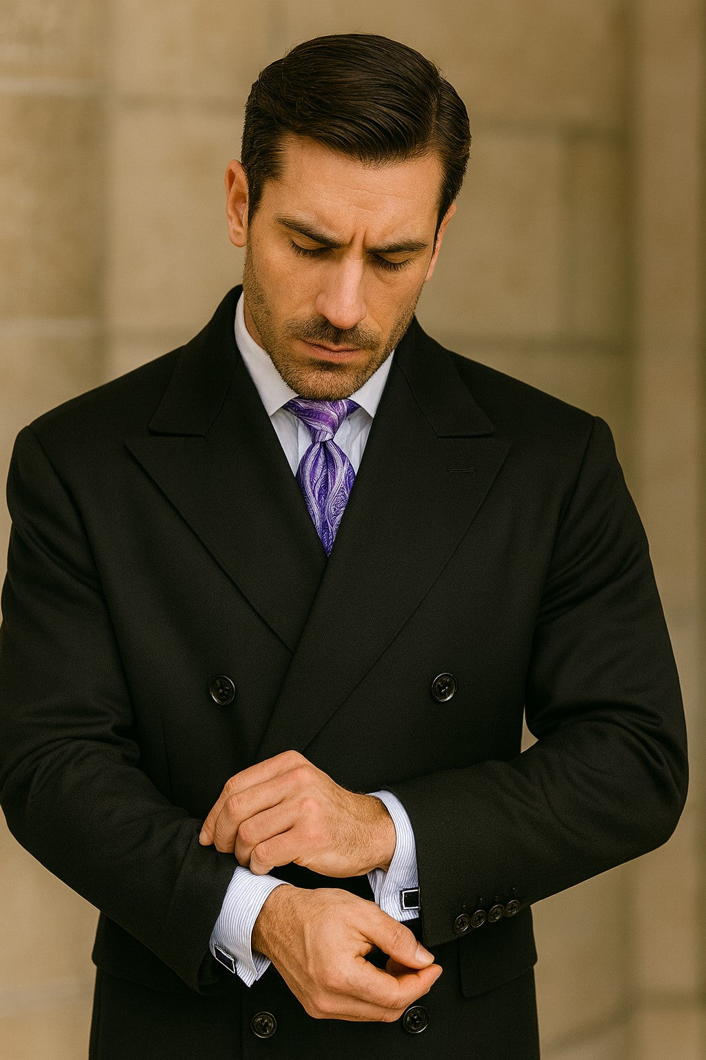 Men's Double Breasted Peak Lapel Jet Black Coat