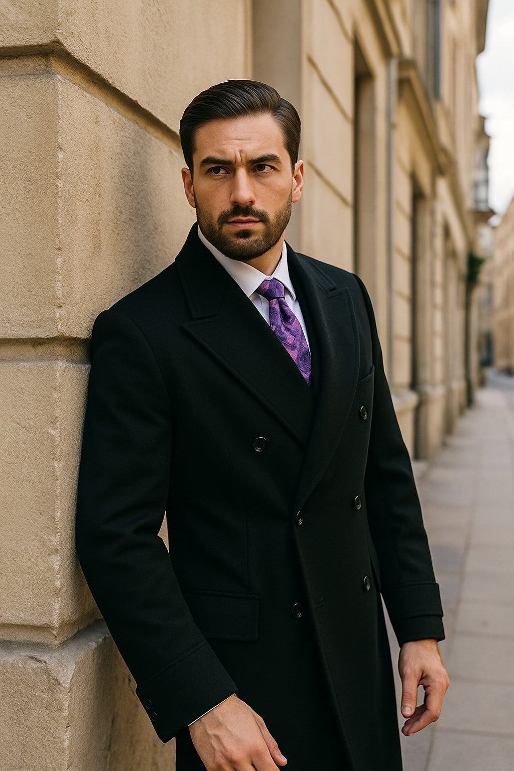 Men's Double Breasted Peak Lapel Jet Black Coat