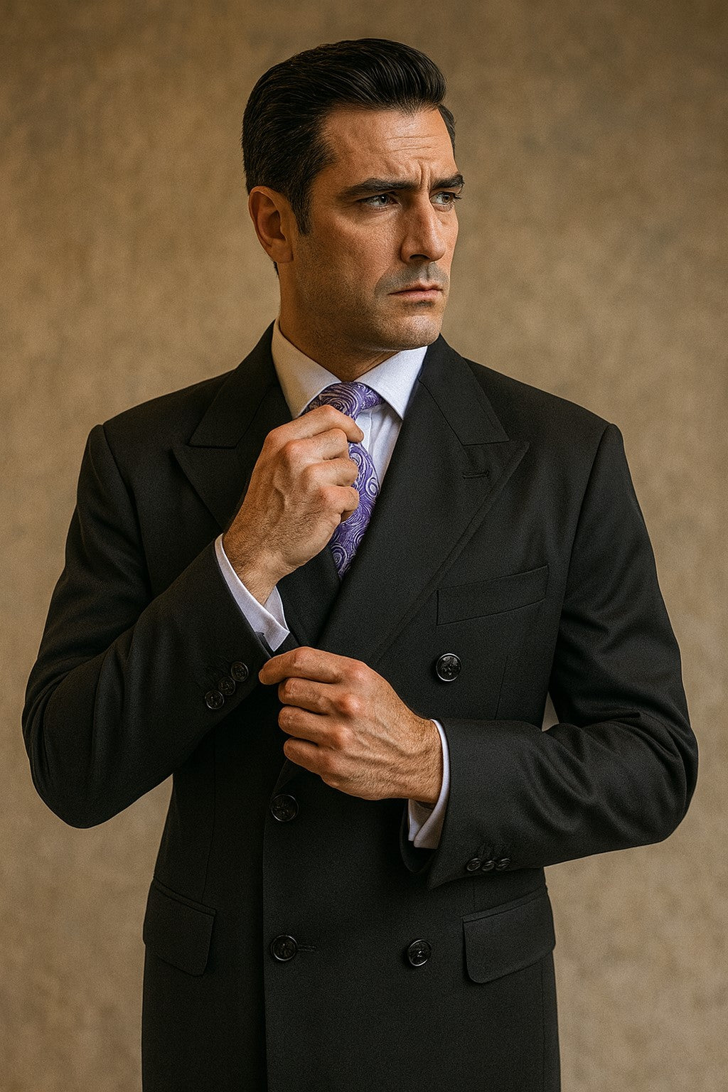 Men's Double Breasted Peak Lapel Jet Black Coat