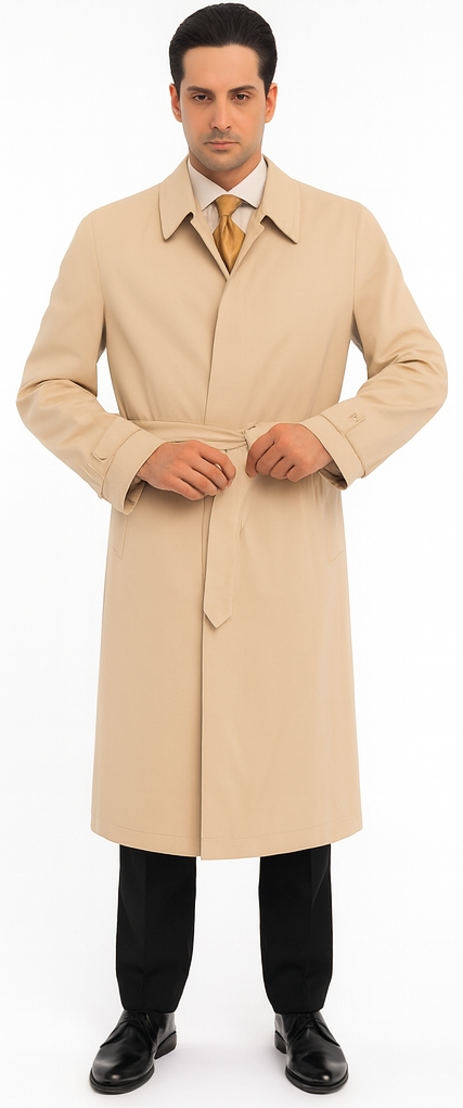 Men's Dress Coat Full Length Trench Rain Coat In Khaki Tan Taupe Long Style