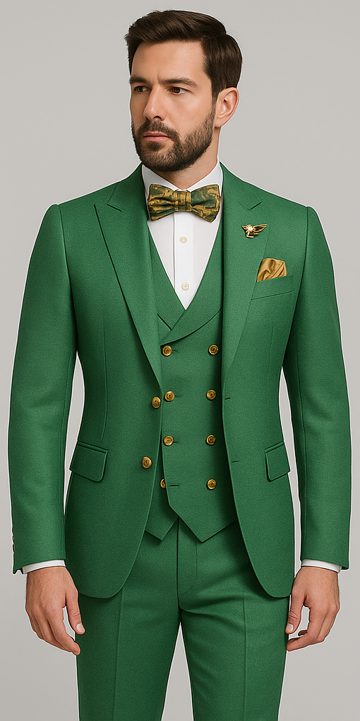 Rossiman Green Slim Fit Suit with Vest