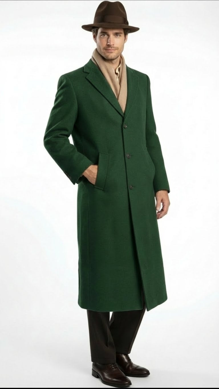Men’s Hunter Green Full-Length Wool Overcoat – Classic Winter Dress Coat for Formal and Everyday Wear Hunter Green / 46 Long