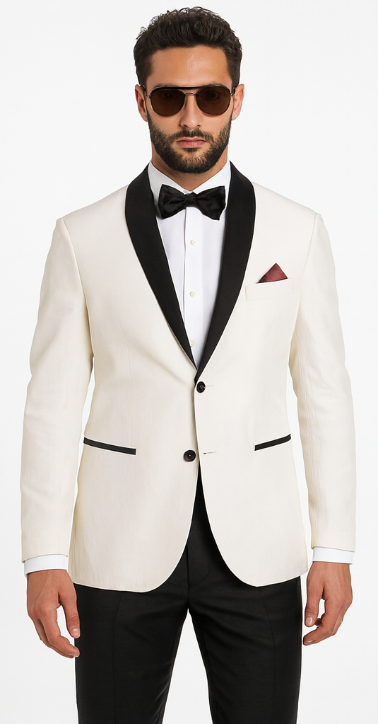 Men's Ivory and Black Satin Lapels Dress The Groom Holds The Wedding Suit (Jacket + Pants) Ivory and Black / XXXXXXL