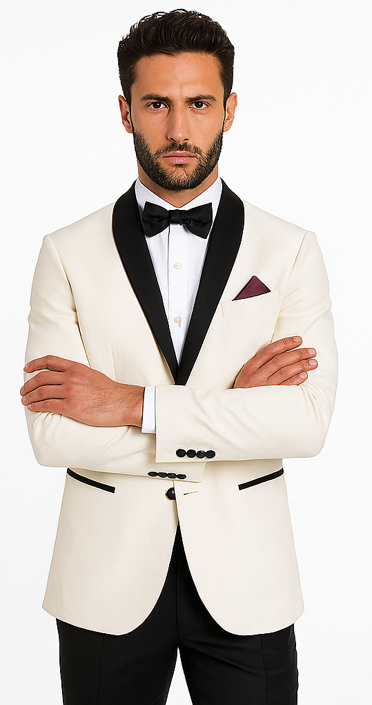 Men's Ivory and Black Satin Lapels Dress The Groom Holds The Wedding Suit (Jacket + Pants)
