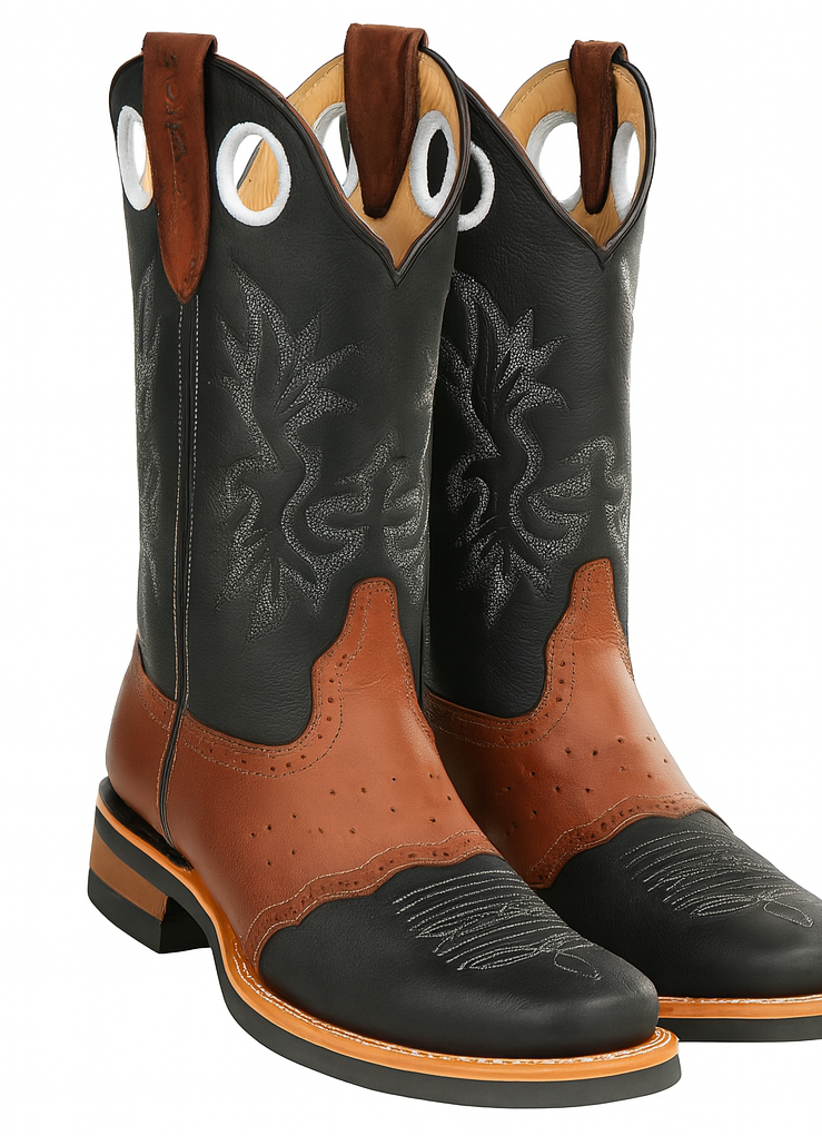 Men's King Exotic Boots Genuine Leather With Saddle Vamp Handcrafted Black & Brown