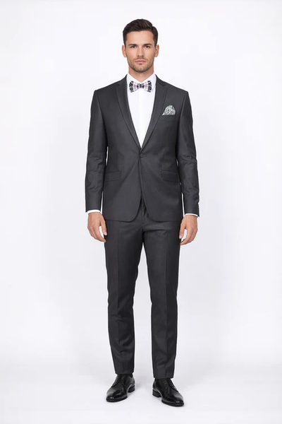 Rossiman Menβs Slim Fit Gray Wool Suit | 1-Button Peak Lapel Jacket & Tapered Low-Rise Pants β Italian Tailored 3-Piece Luxury Suit