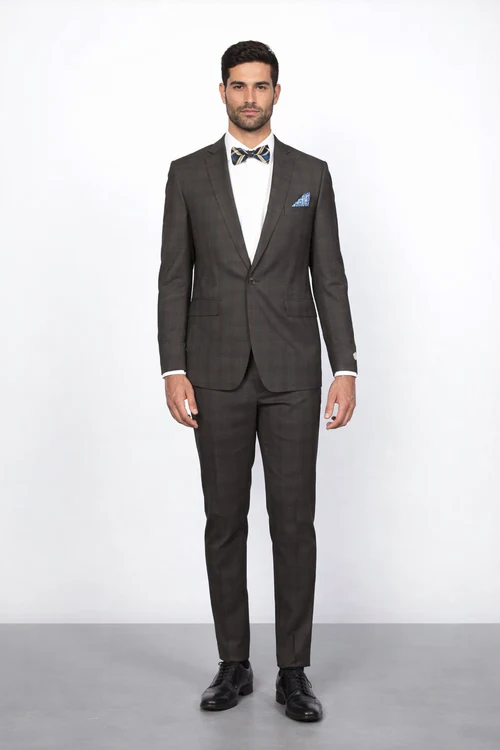 Men’s Brown Plaid Slim Fit Suit by Rossiman Rossi | Peak Lapel Jacket & Tapered Pants – Italian Tailored 3-Piece Classic Suit