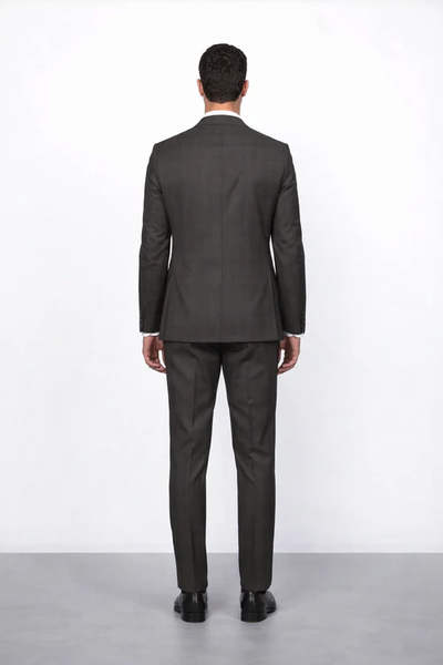 Menβs Brown Plaid Slim Fit Suit by Rossiman Rossi | Peak Lapel Jacket & Tapered Pants β Italian Tailored 3-Piece Classic Suit