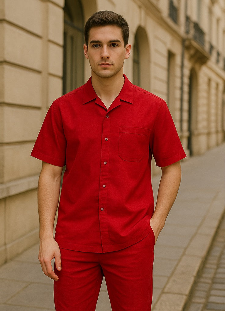 Men's Short Sleeve Button Closure 100% Linen 2 Piece Red Shirt Walking Leisure Suit