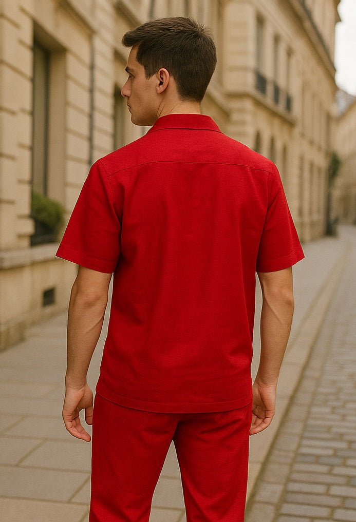 Men's Short Sleeve Button Closure 100% Linen 2 Piece Red Shirt Walking Leisure Suit