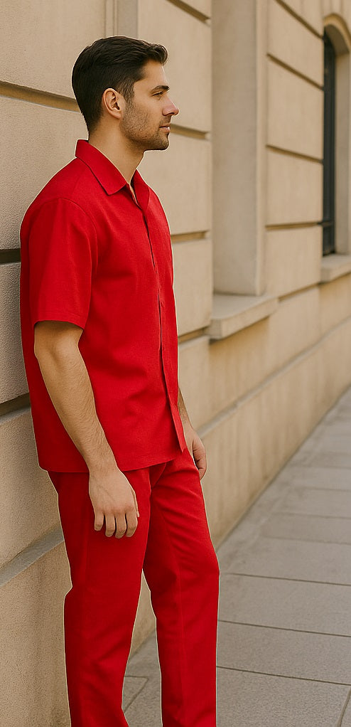 Men's Short Sleeve Button Closure 100% Linen 2 Piece Red Shirt Walking Leisure Suit