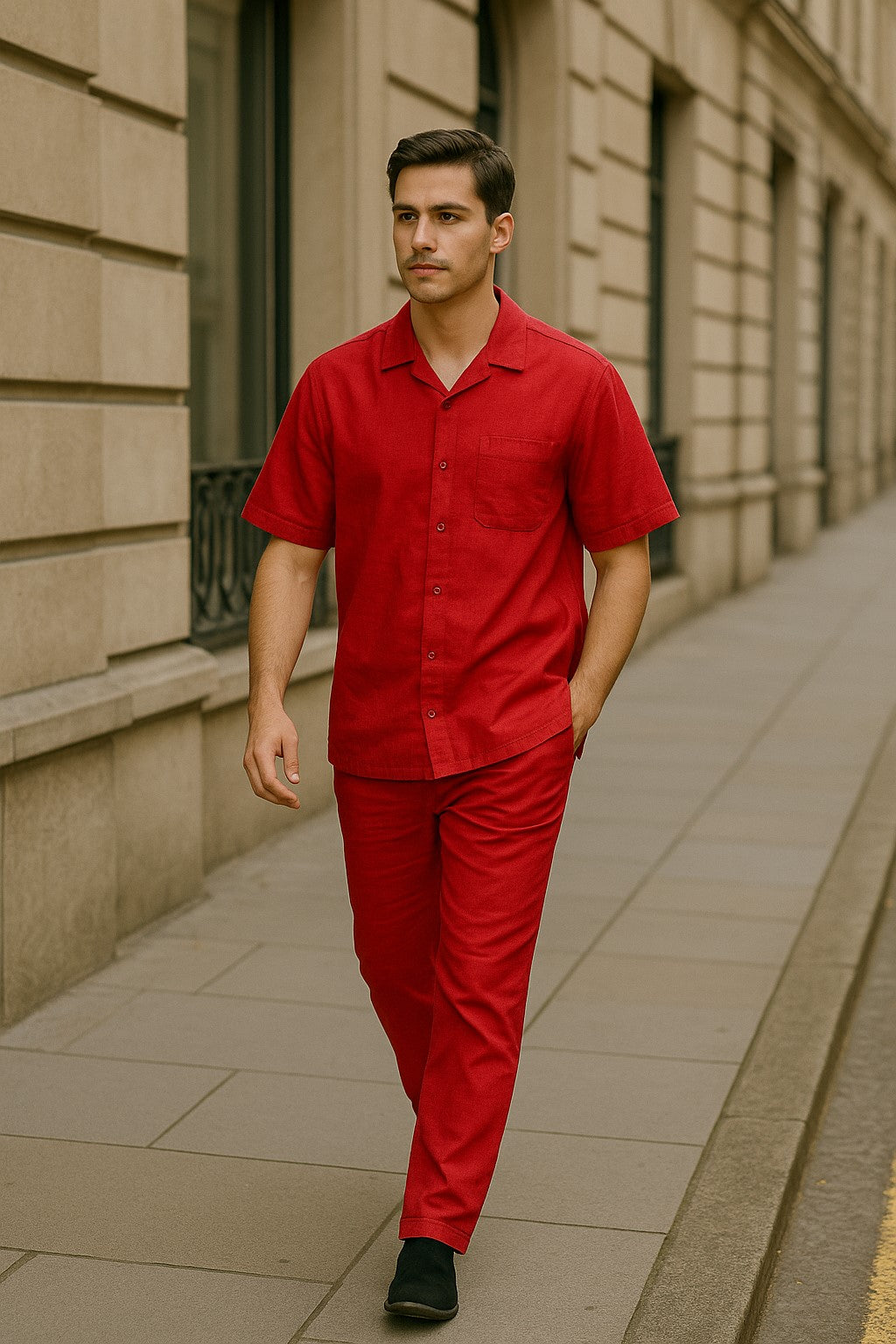 Men's Short Sleeve Button Closure 100% Linen 2 Piece Red Shirt Walking Leisure Suit