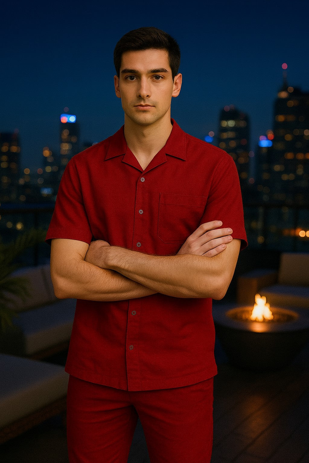 Men's Short Sleeve Button Closure 100% Linen 2 Piece Red Shirt Walking Leisure Suit