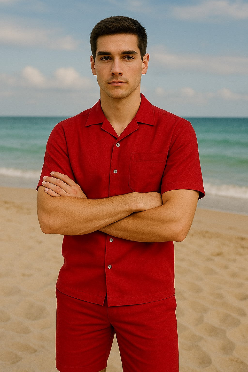 Men's Short Sleeve Button Closure 100% Linen 2 Piece Red Shirt Walking Leisure Suit