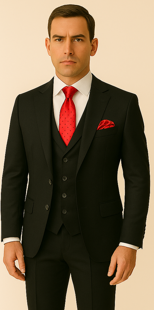Rossi Man Slim Fit Black Suit - Double-Breasted Vest