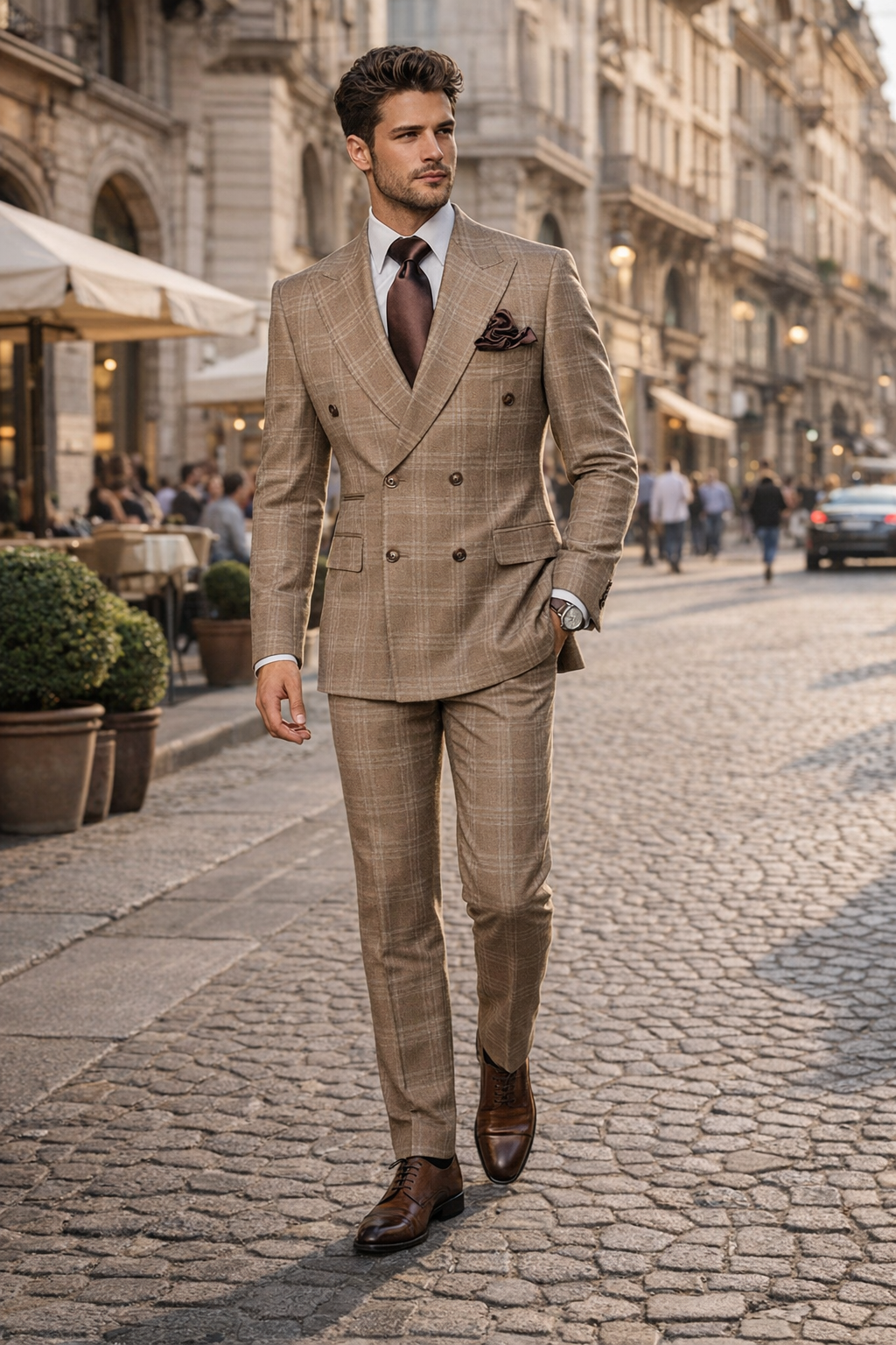 Tan Windowpane Plaid Double-Breasted Suit