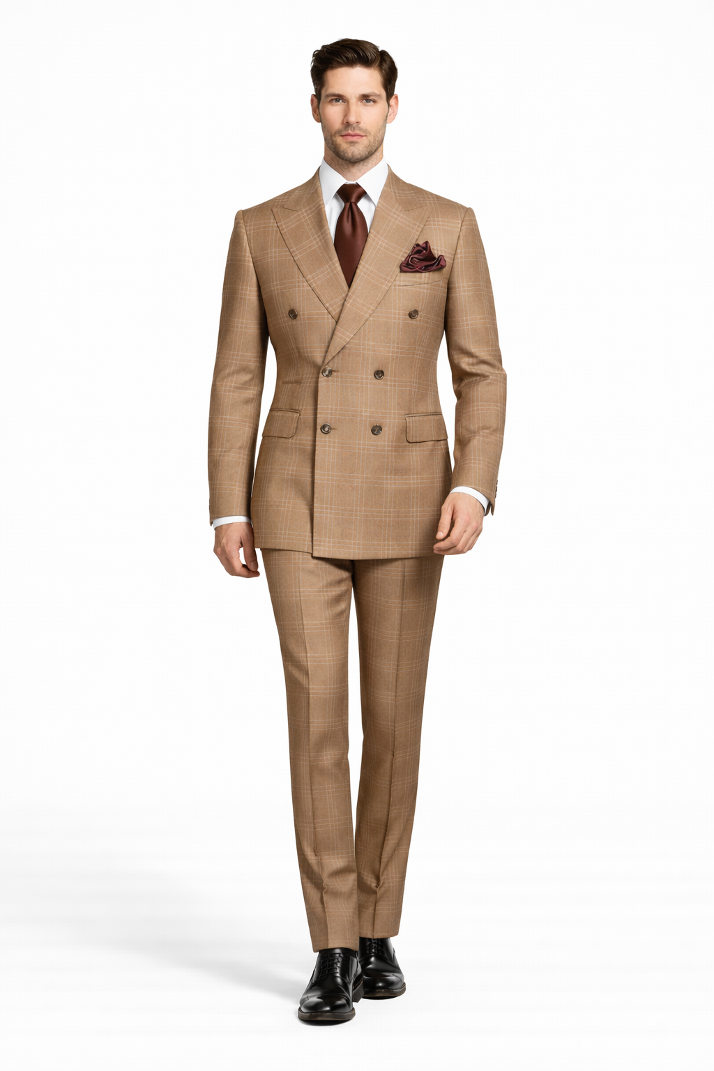 Tan Windowpane Plaid Double-Breasted Suit