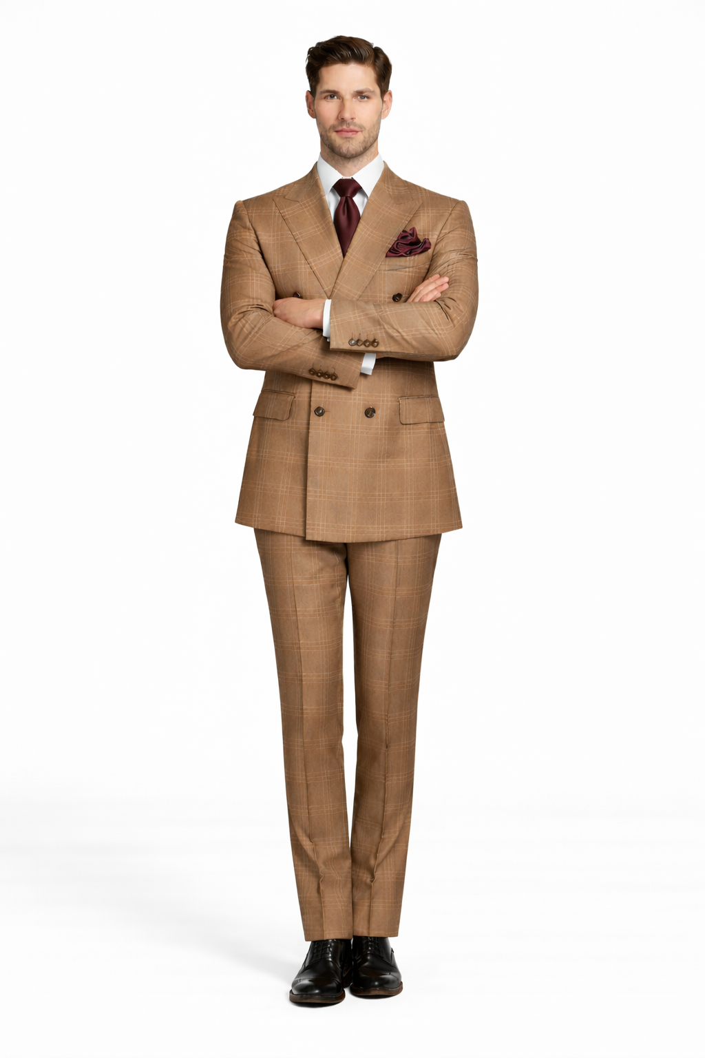 Tan Windowpane Plaid Double-Breasted Suit