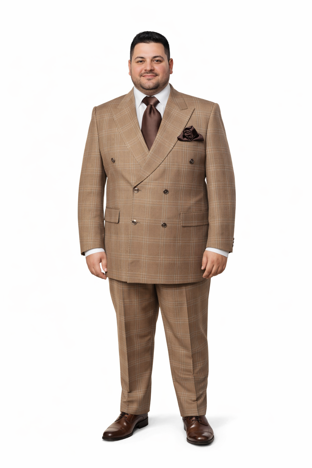 Tan Windowpane Plaid Double-Breasted Suit