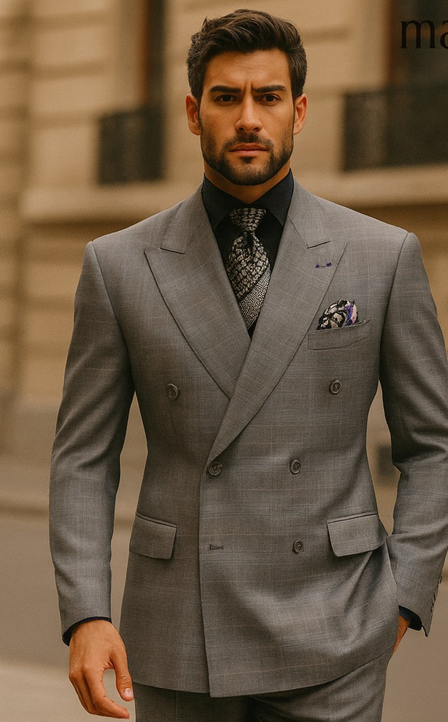 Men's Vinci Peak Lapel Double Breasted Suit High back Vented Jacket with Flap Pockets Grey