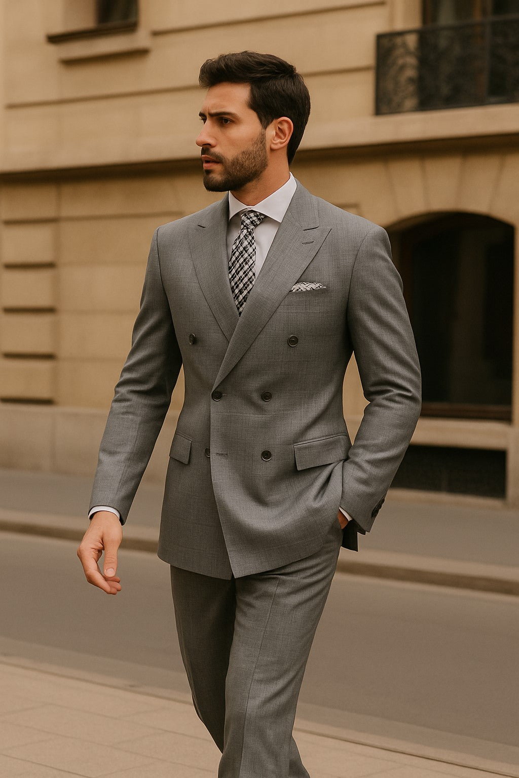 Men's Vinci Peak Lapel Double Breasted Suit High back Vented Jacket with Flap Pockets Grey