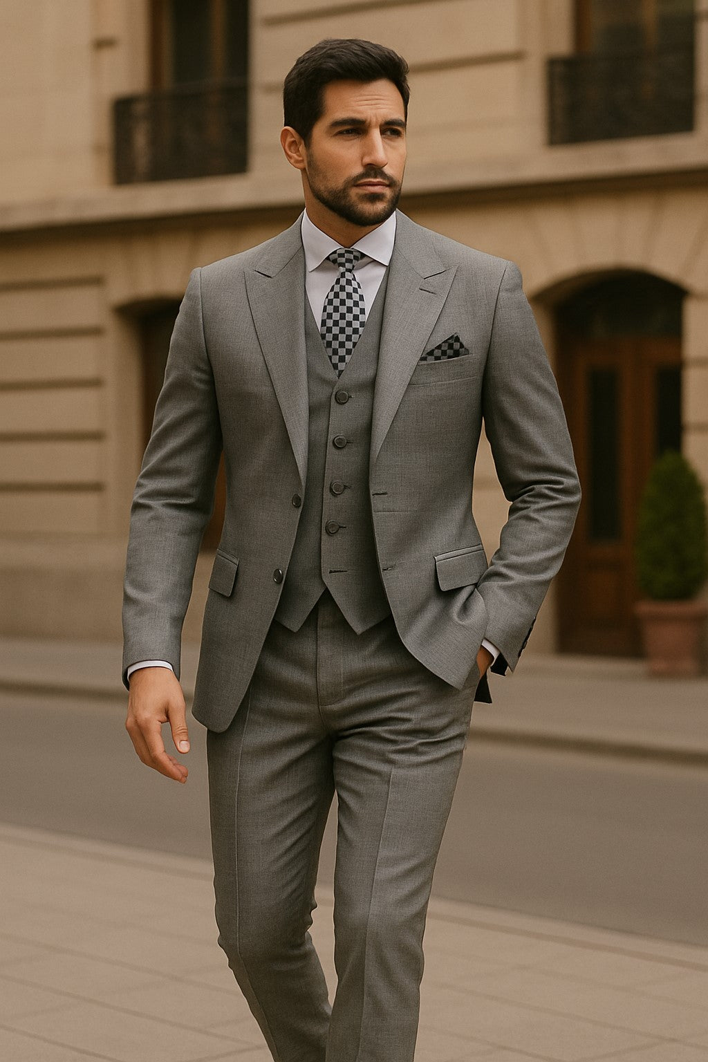Men's Vinci Peak Lapel Double Breasted Suit High back Vented Jacket with Flap Pockets Grey