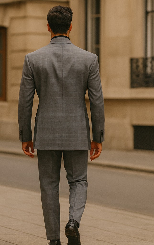 Men's Vinci Peak Lapel Double Breasted Suit High back Vented Jacket with Flap Pockets Grey