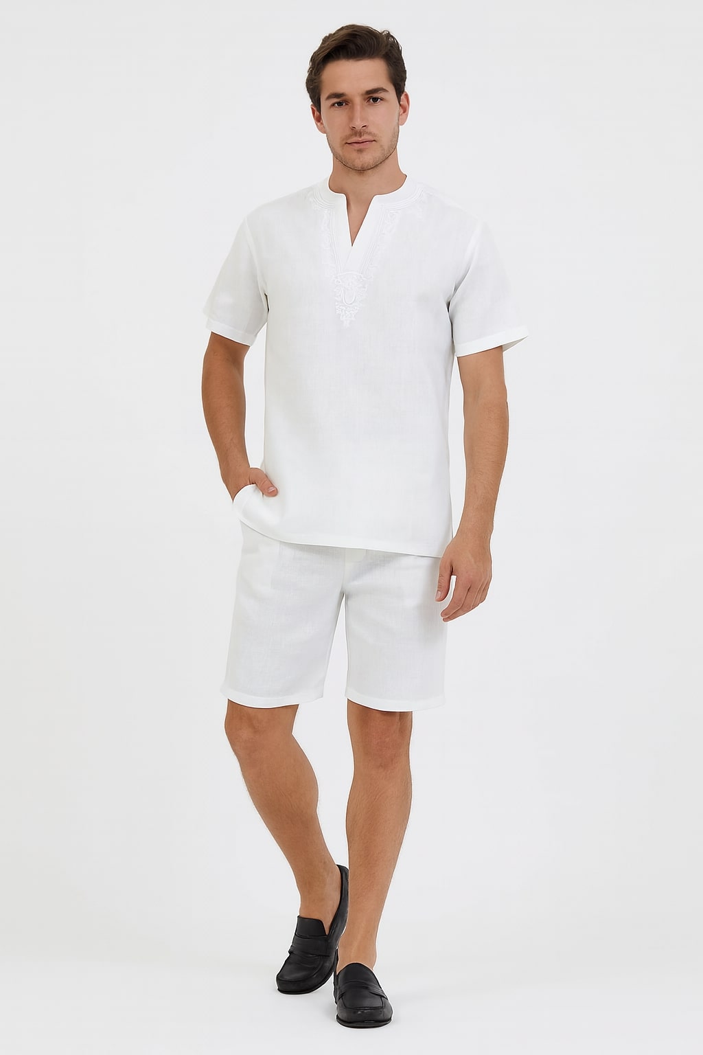 White Embroidered Summer Short Set for Men