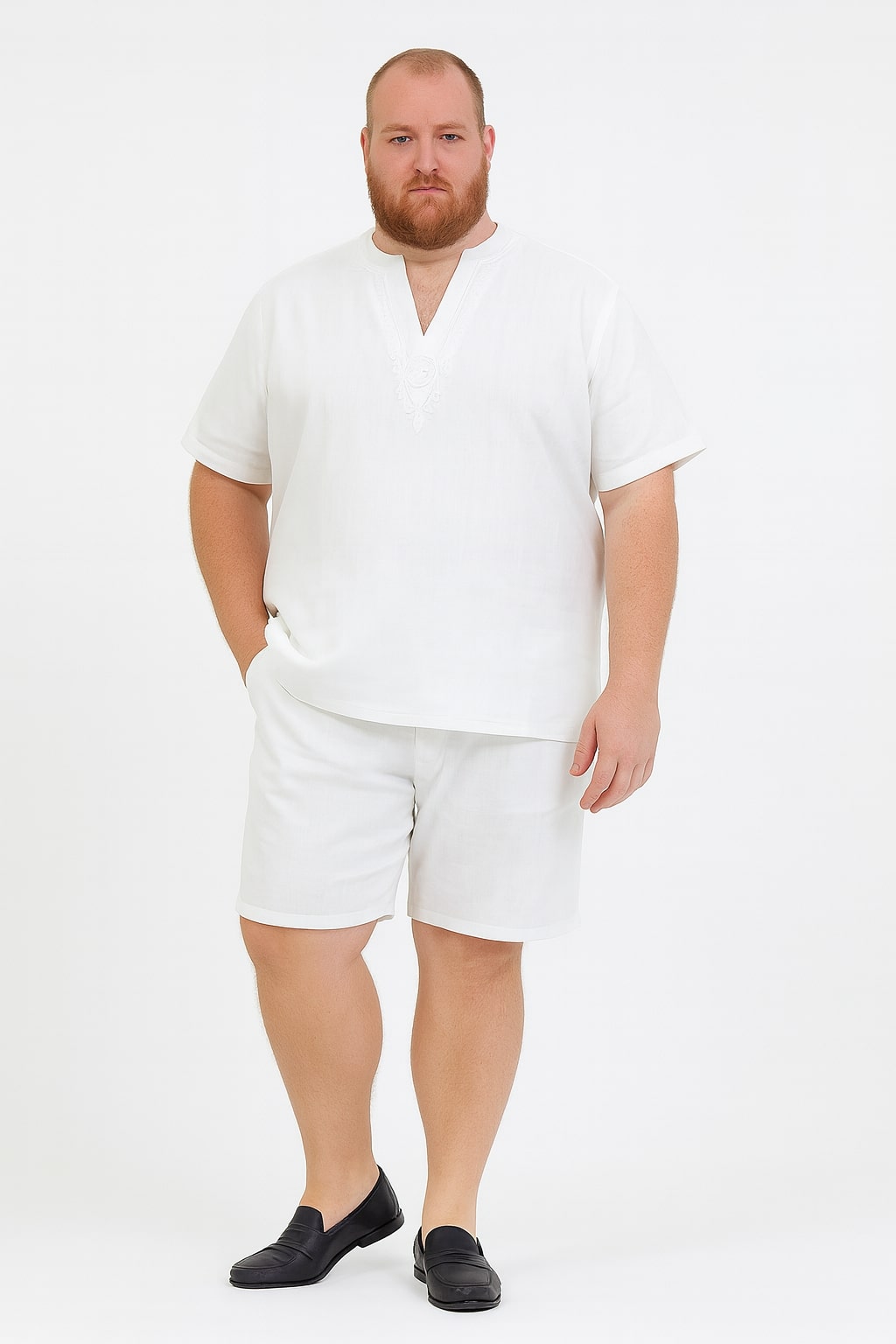 White Embroidered Summer Short Set for Men