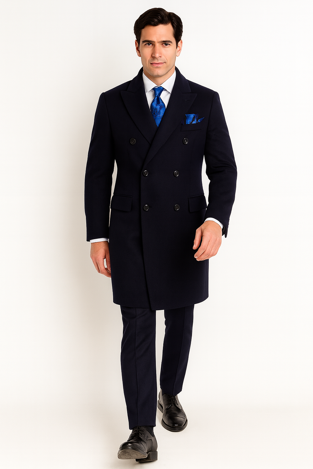 Navy Blue Overcoat - Blue Winter Topcoat - Fabric Double Breasted