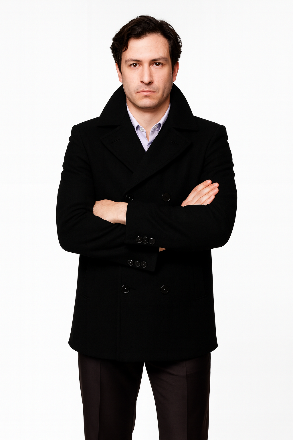 Men's Black Six Button Double Breasted Cheap Priced Mens Wool Peacoat Jacket