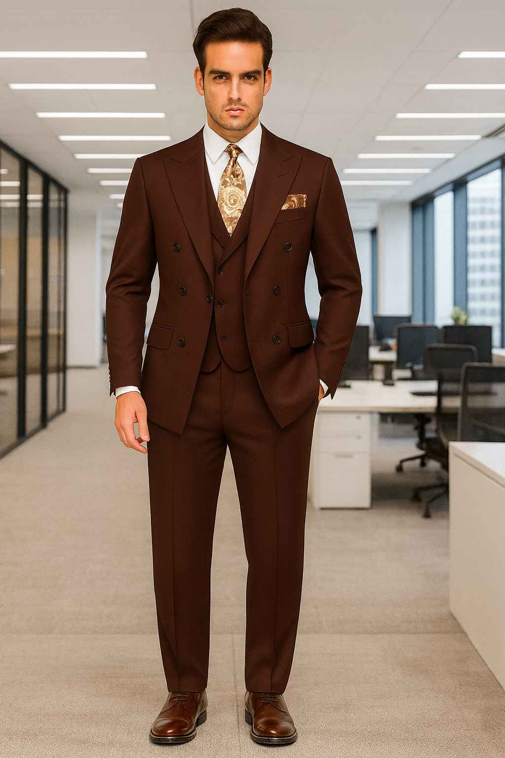 Double Breasted Vested Wool Suit in Brown
