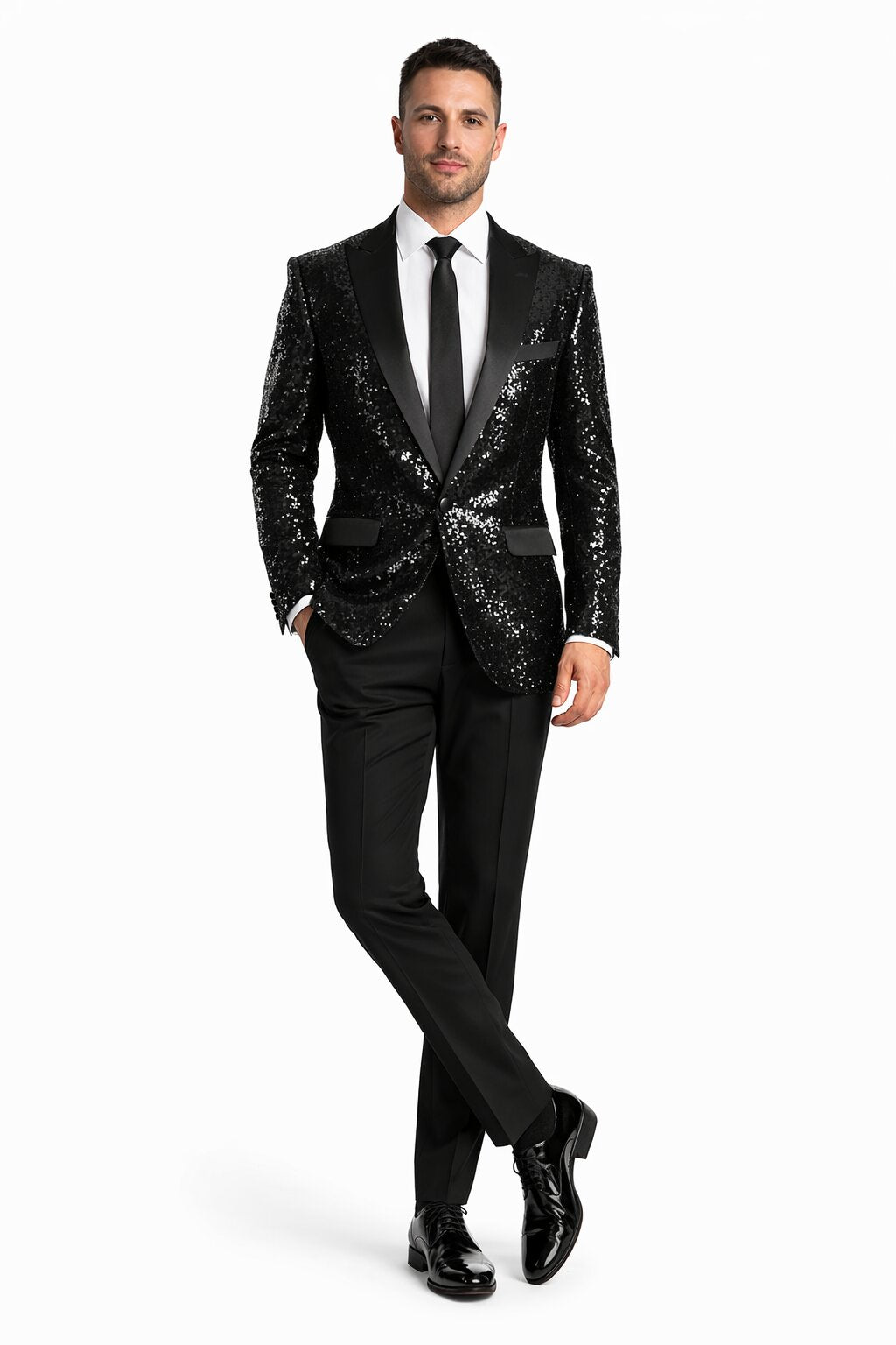 Black Sequin Tuxedo Blazer by Rossiman