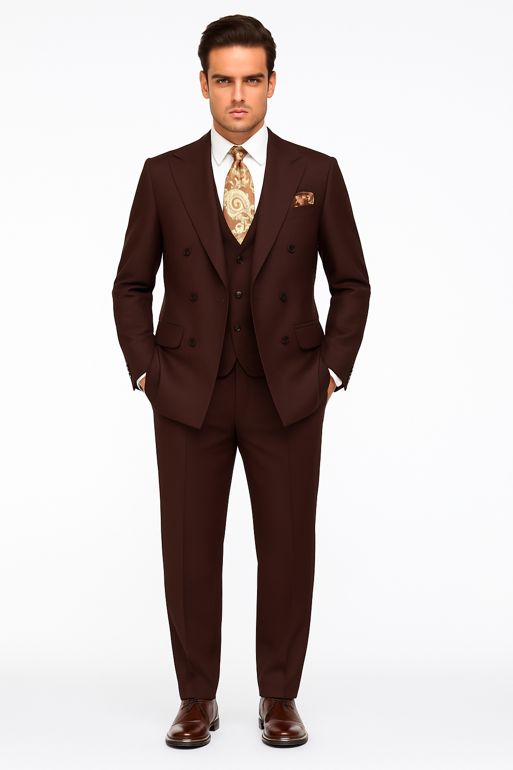 Double Breasted Vested Wool Suit in Brown