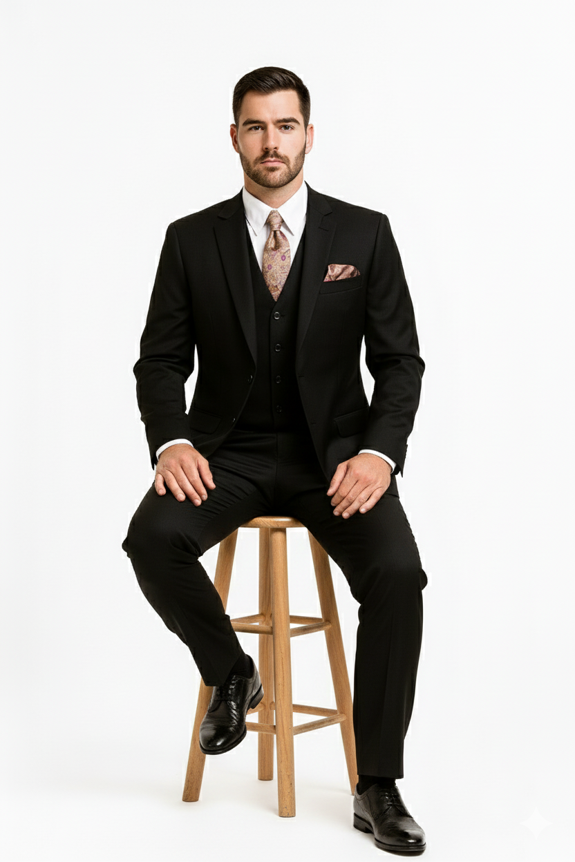 Men's 2 Button Black Regular Basic Cut Flat Front Pants Three Piece Suit