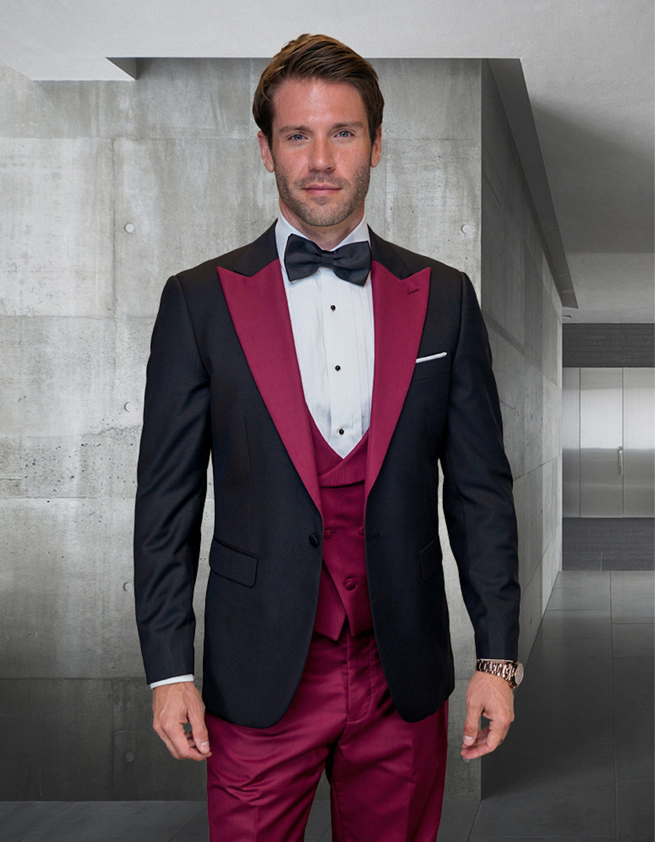 Wide Contrast Peak Burgundy Wool Tuxedo for Men