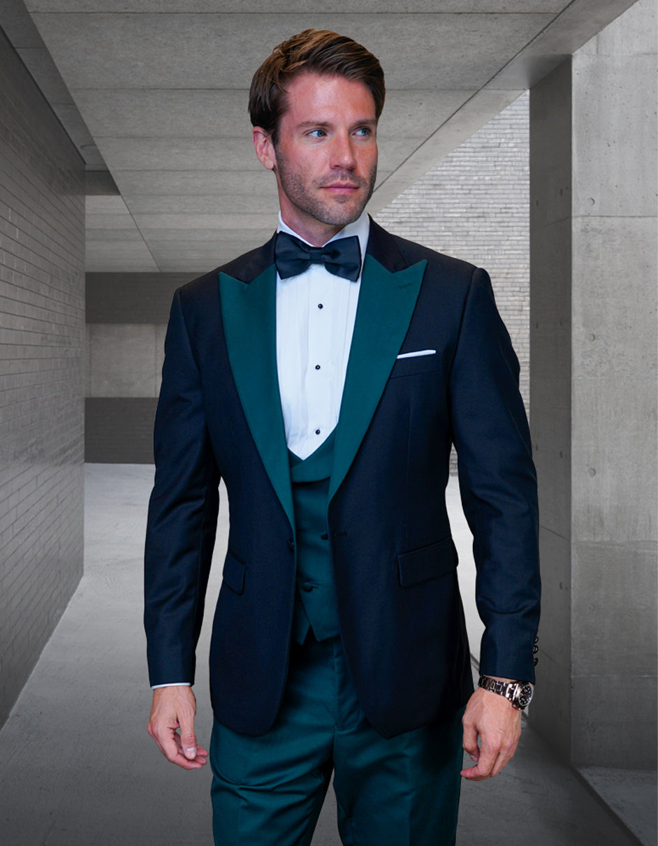Wool Vested Peak Tuxedo in Black & Hunter Green