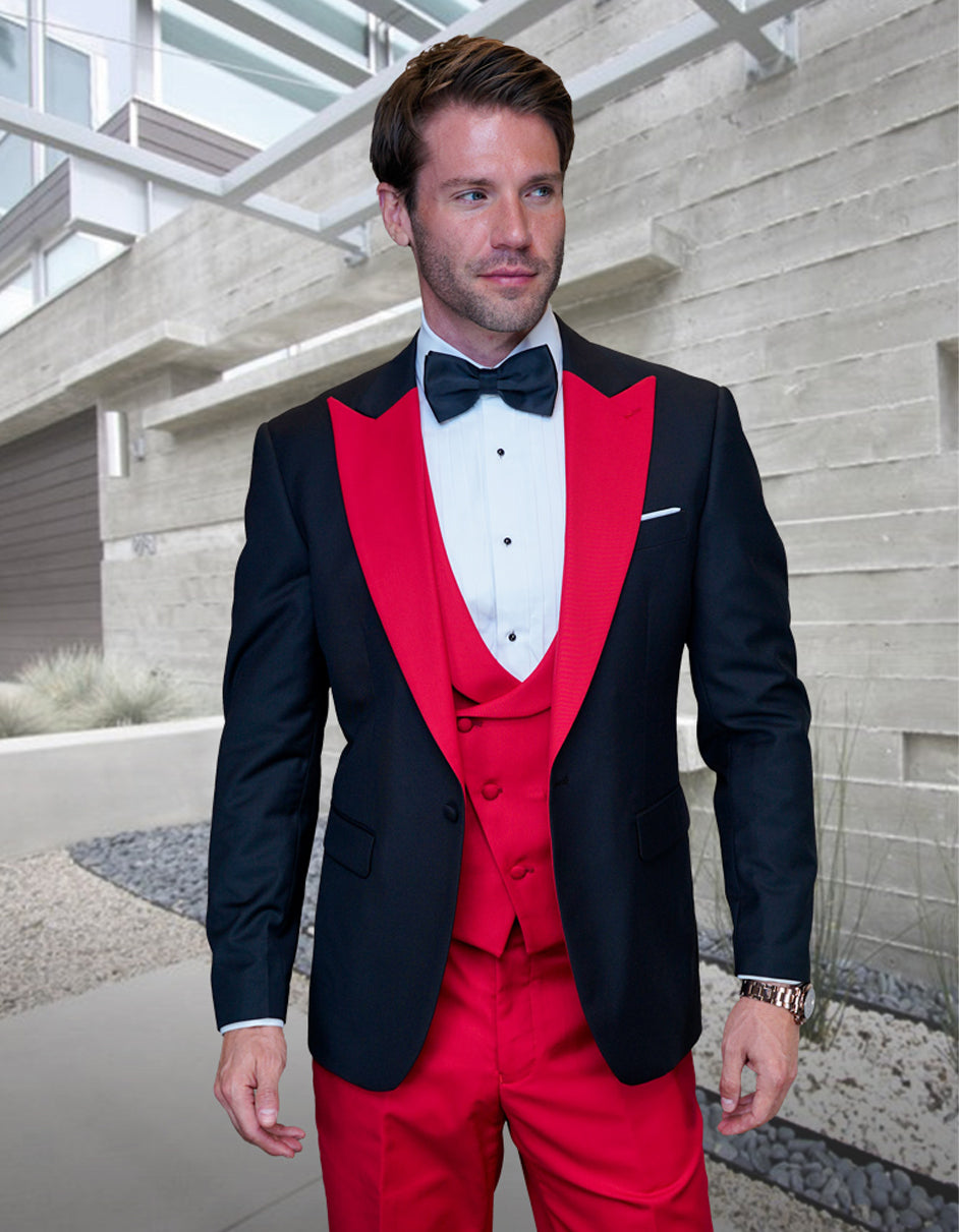 Black and Red Wool Vested Peak Tuxedo