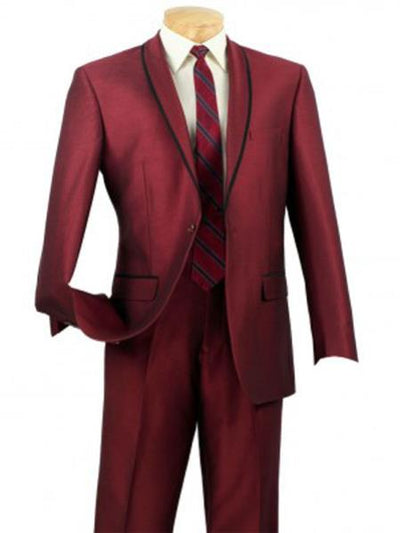 Men's One Button Slim Fit Tuxedo Shawl Satin Trim Lapel Black and Burgundy Maroon Suit Burgundy Tuxedo