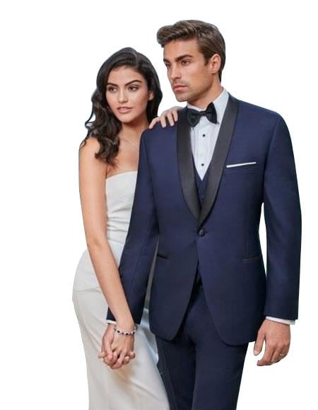 Men's 1 Button Slim Fit navy Satin Shawl Lapel Tuxedo