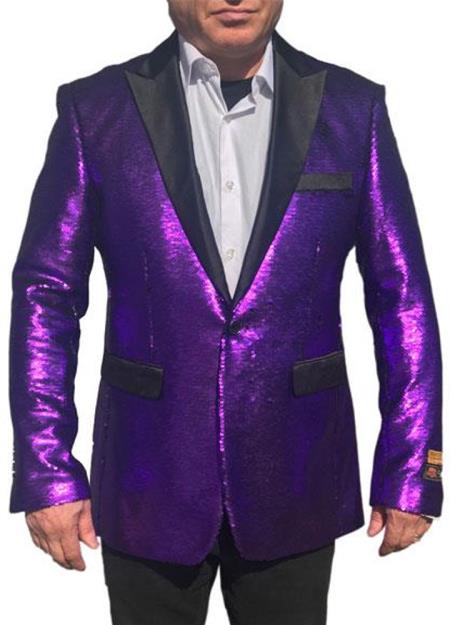 Purple Fashion Shiny Sequin paisley look Black Lapel sport coat jacket
