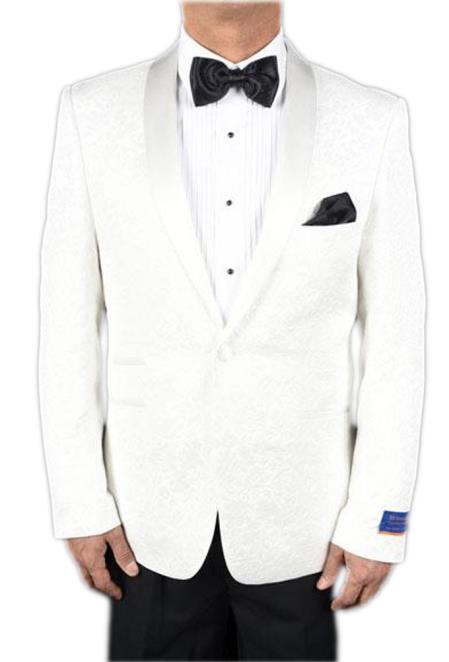 Men's Super 150's Viscose Blend 1 Button White Tuxedo Floral Pattern Dinner Jacket
