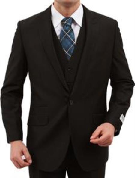 1Button Vested Peak Lapel Vested 3 Piece With sharskin Slim skinny Fitted Black (Buy Wholesale 10PC&UP of this for $90)
