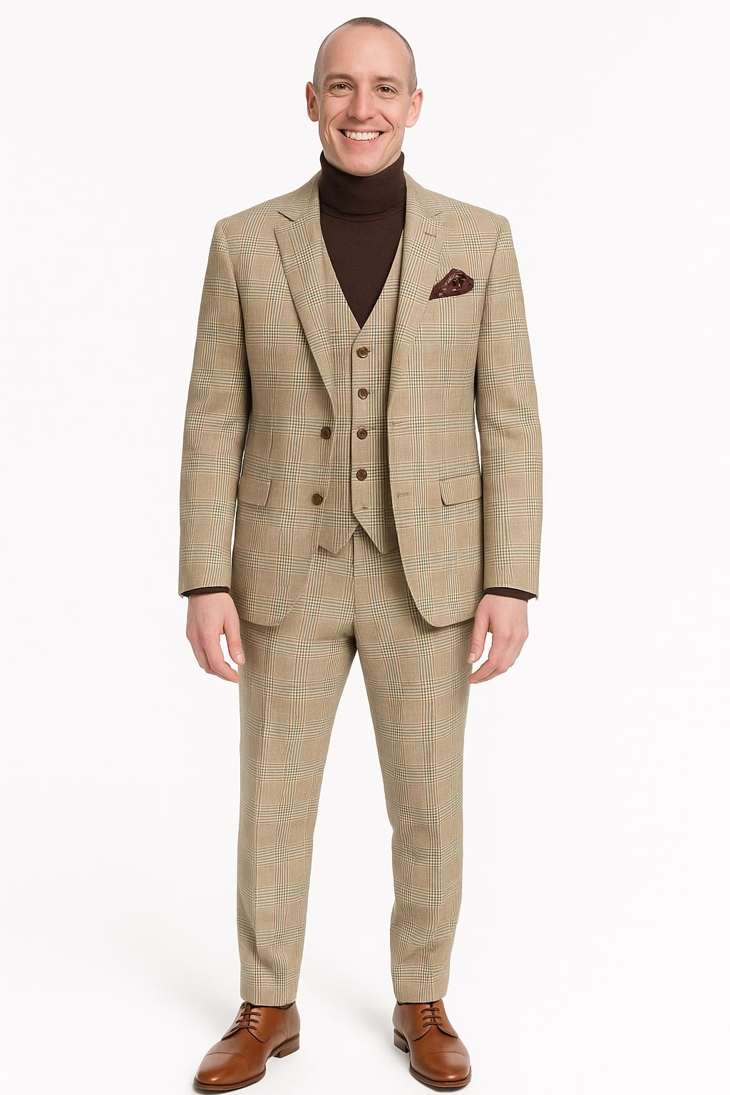 Beige Plaid 3-Piece Suit for Men