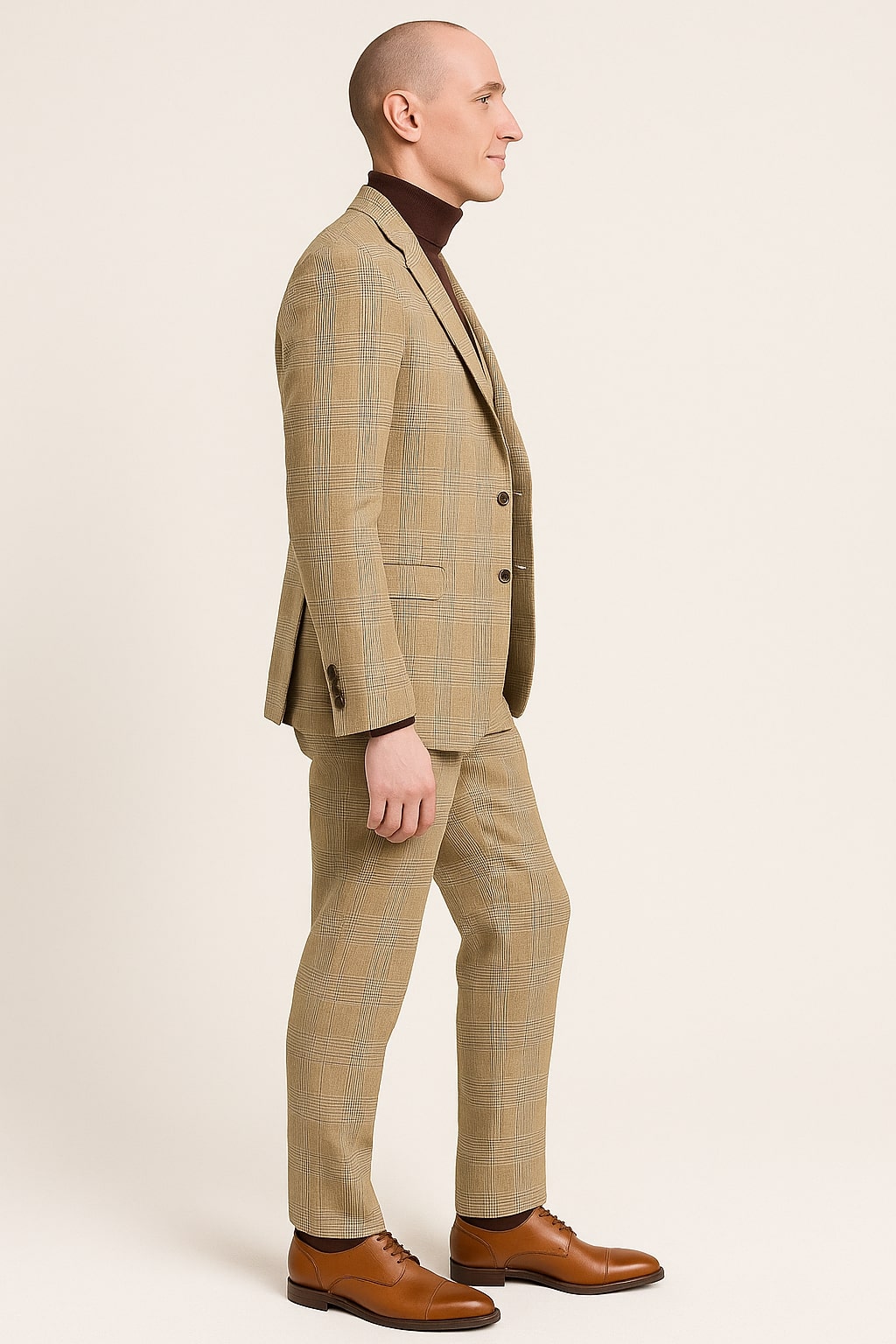 Beige Plaid 3-Piece Suit for Men